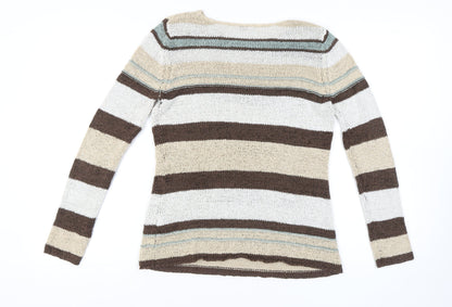 Back view of Evie Women's Brown Beige Striped jumper, size 14
