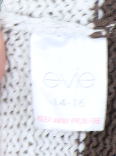 Brand and care label for Evie Women's Brown Beige Striped jumper, size 14