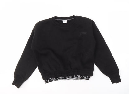 Additional front view of Holyfield girls’ black pullover sweatshirt s logo elastic waist