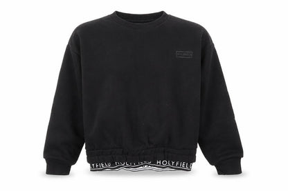 Front view of Holyfield girls’ black pullover sweatshirt s logo elastic waist