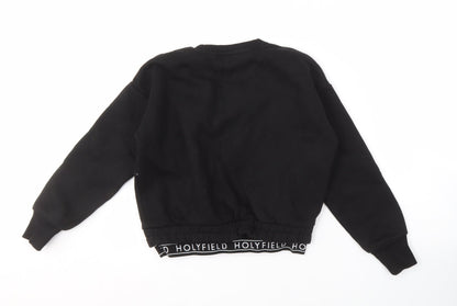 Back view of Holyfield girls’ black pullover sweatshirt s logo elastic waist