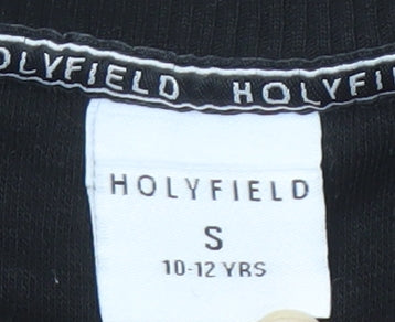Brand and care label for Holyfield girls’ black pullover sweatshirt s logo elastic waist