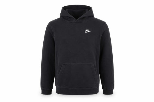 Front view of Nike boys’ black xl pullover hoodie with logo, casual comfort