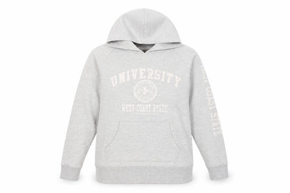 Front view of Genuine Grey unisex adults university pullover hoodie, size 18