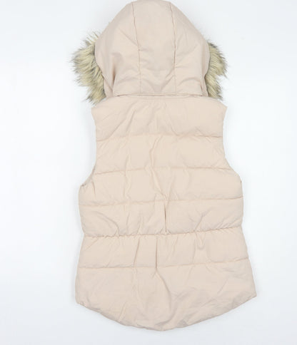 Back view of L.O.G.G. girls’ beige puffer jacket with fur hood, size 11, years
