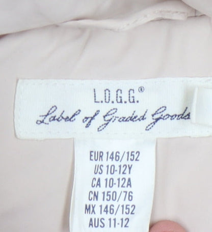 Close-up detail of L.O.G.G. girls’ beige puffer jacket with fur hood, size 11, years