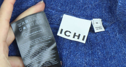 Close-up detail of ICHI Women's Blue Mock Neck jumper, size M