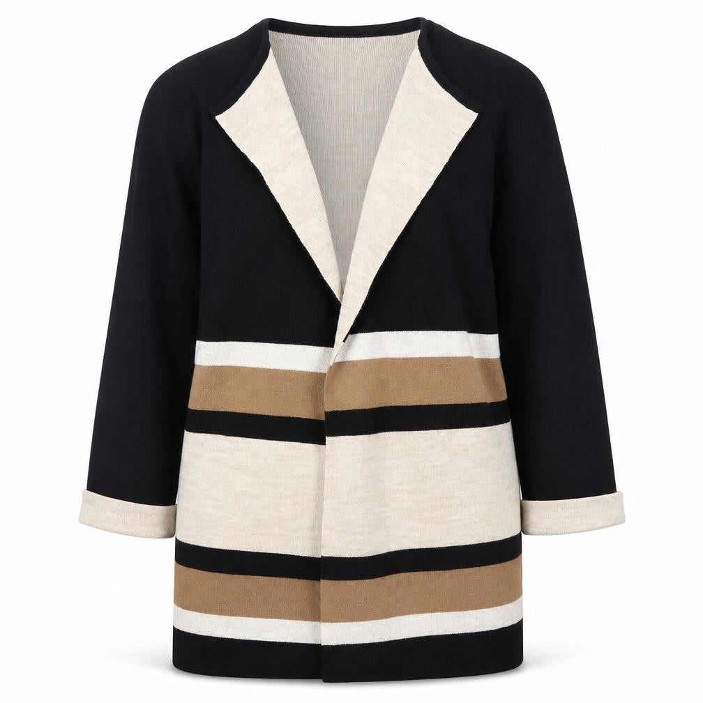 Wallis Women’s Open Front Cardigan L Black Beige Brown Stripe