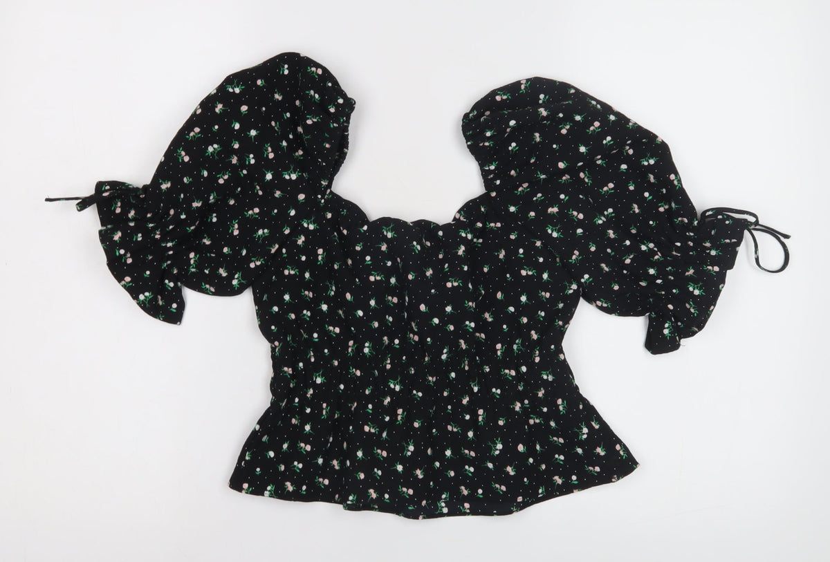 H&M Women's Black Floral Off-Shoulder Puff Sleeve Blouse XS
