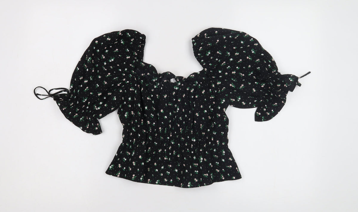 H&M Women's Black Floral Off-Shoulder Puff Sleeve Blouse XS