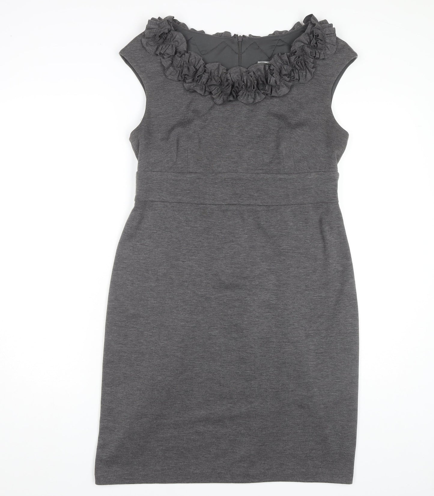Wallis Women's Grey Sheath Dress Size 14 Ruffled Neck