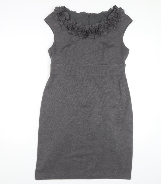 Wallis Women's Grey Sheath Dress Size 14 Ruffled Neck