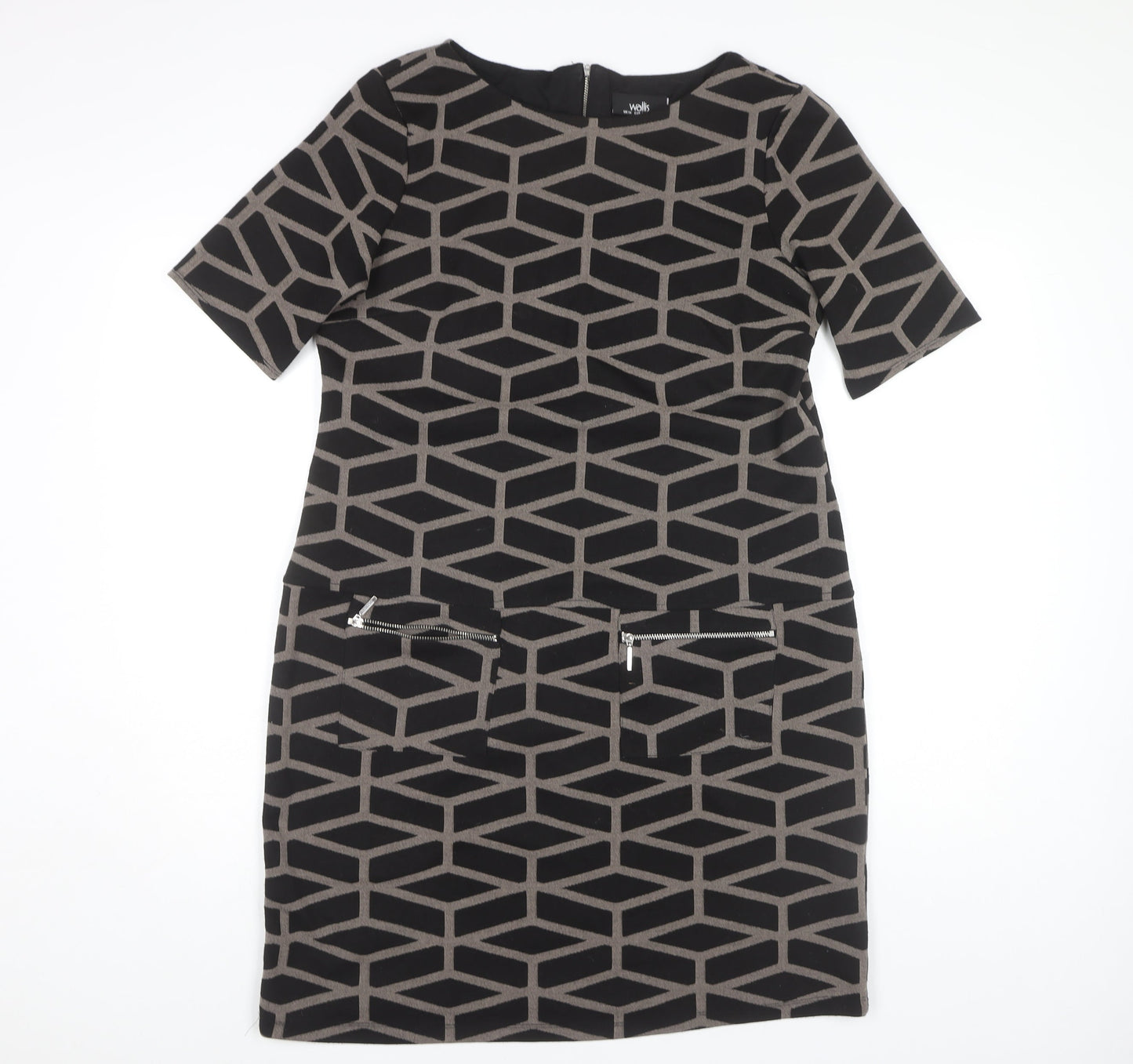 Wallis Women's Black Sheath Dress, Size 14, Geometric Pattern
