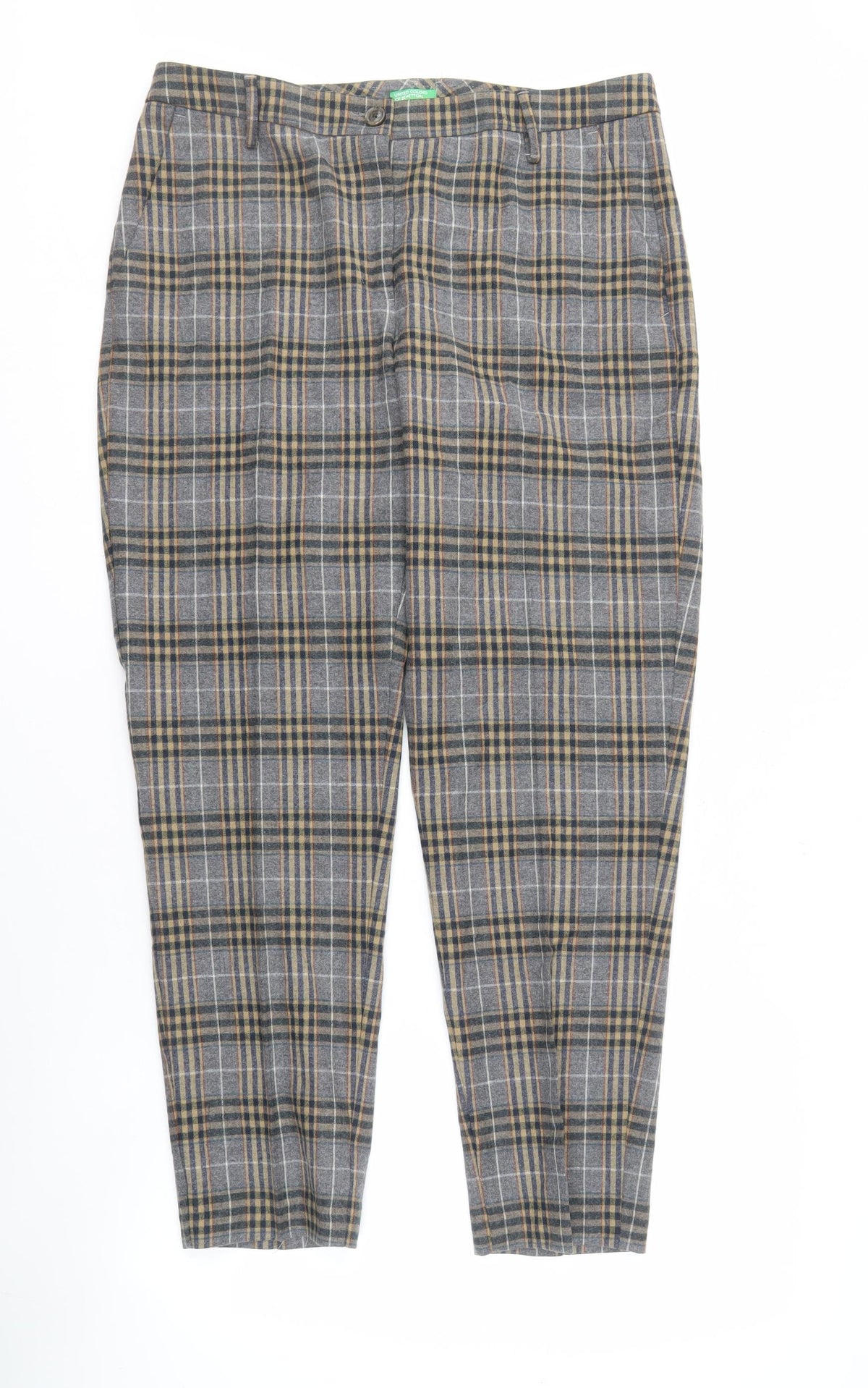 United Colors of Benetton Women's Beige Plaid Wool Blend Trousers Size 14