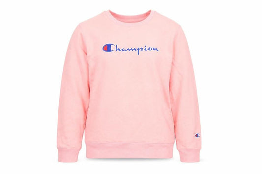 Front view of Champion girls’ pink xl pullover sweatshirt with logo