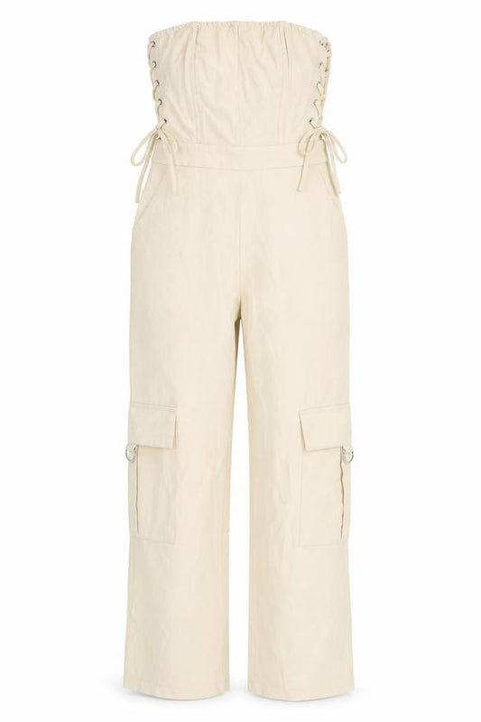 Front view of PRETTYLITTLETHING Beige Strapless Jumpsuit UK 4 Petite