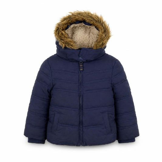 Front view of FatFace girls’ blue puffer jacket, size 2-3y hooded winter