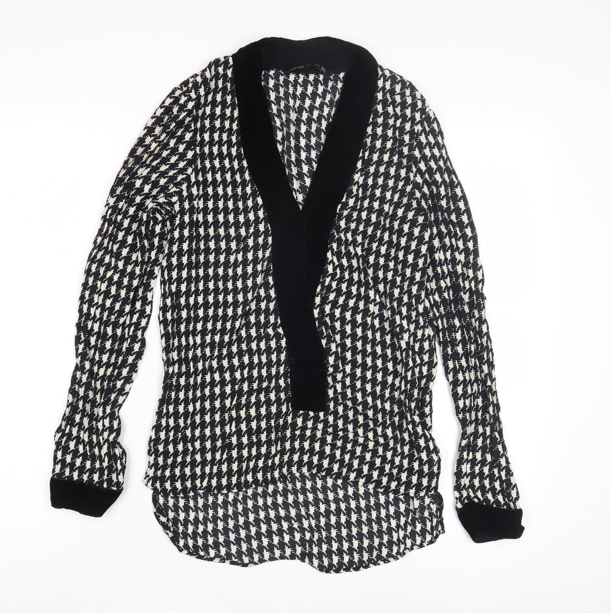 Zara Women Black Houndstooth Long Sleeve Kimono Blouse - Size 10