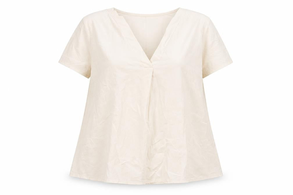 Blue Navy Women's Beige V-Neck Blouse, Size M, Casual