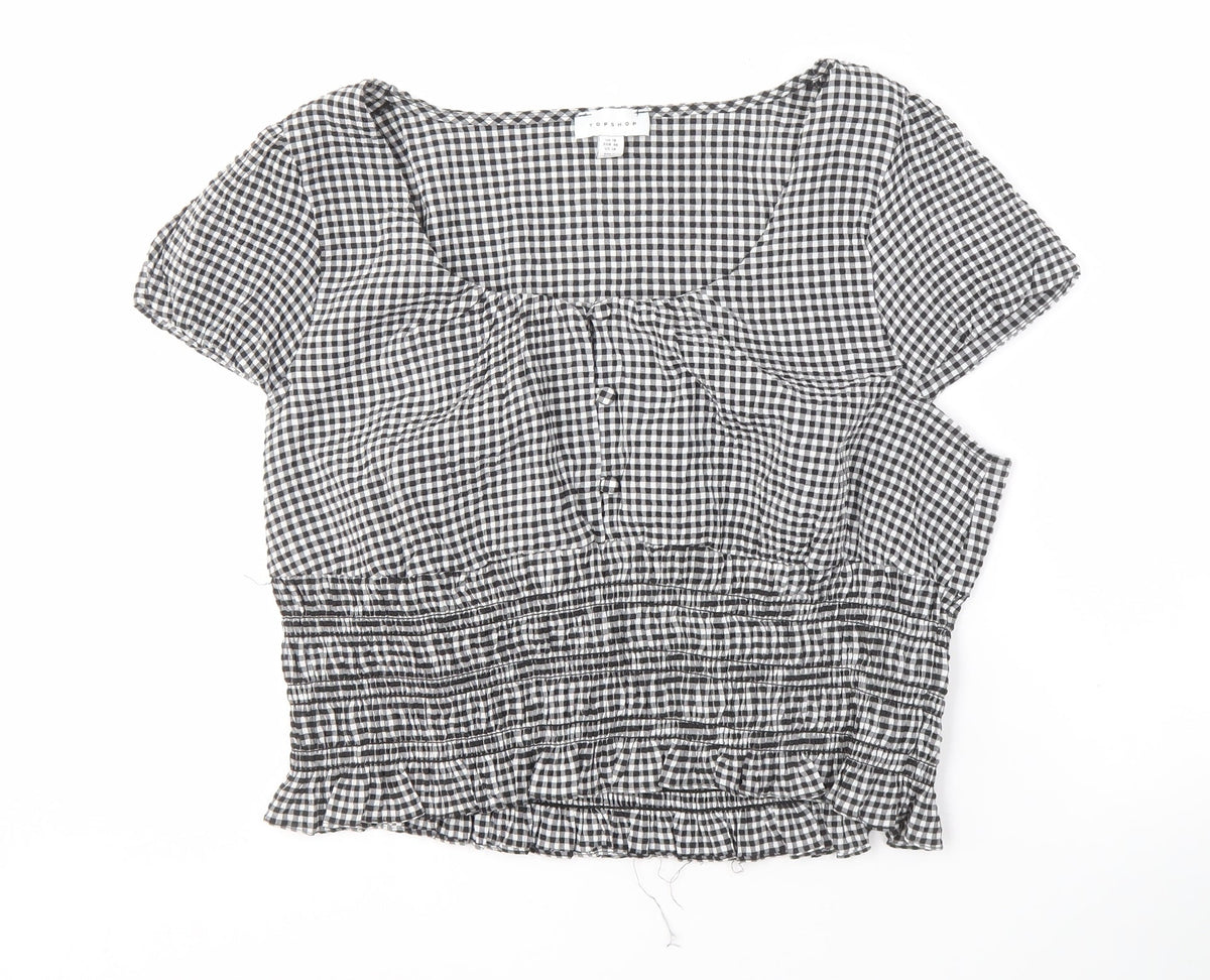 Topshop Women's Black Check Short Sleeve Blouse Size 18