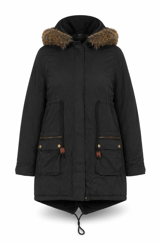 Colline Women's Black Parka Coat with Fur Trim Size 12