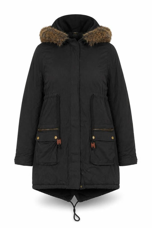 Colline Women's Black Parka Coat with Fur Trim Size 12