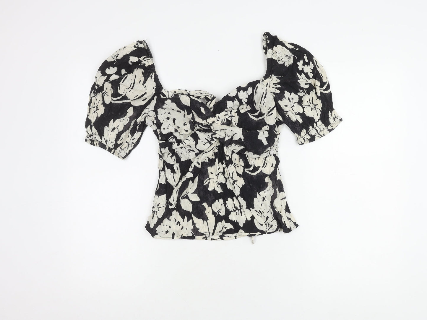 MNG Women's Black Floral Puff Sleeve Top M