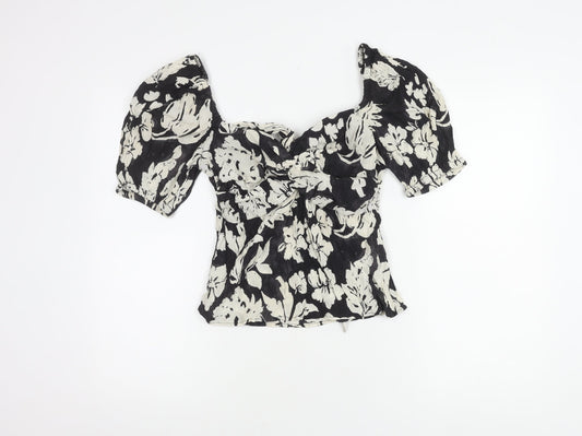 MNG Women's Black Floral Puff Sleeve Top M