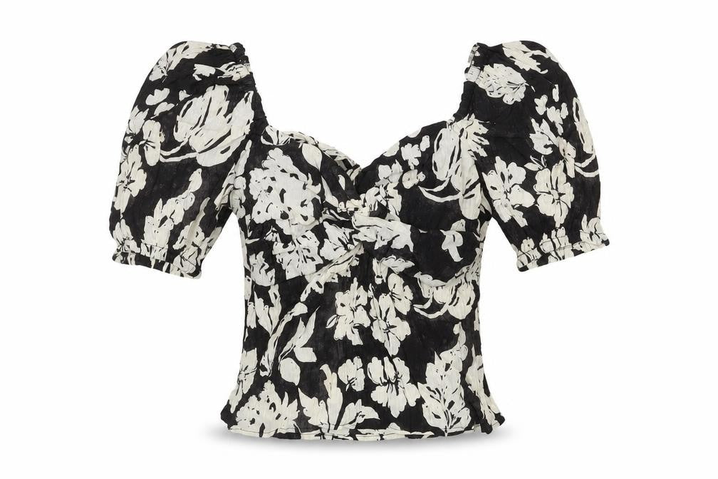 Mango Women's Black Floral Puff Sleeve Top M