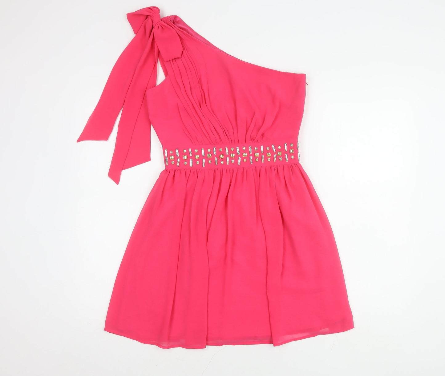 Lipsy Women’s Pink One-Shoulder Beaded Party Dress, Size 10