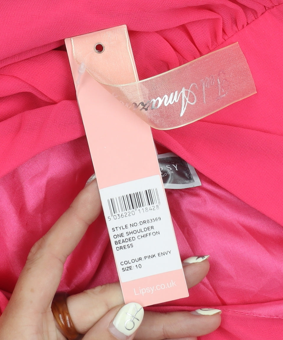 Lipsy Women’s Pink One-Shoulder Beaded Party Dress, Size 10