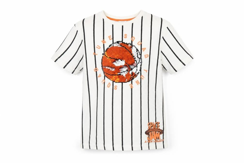 Space Jam Boys White Striped T-Shirt 8-9 Years Sequin Accent