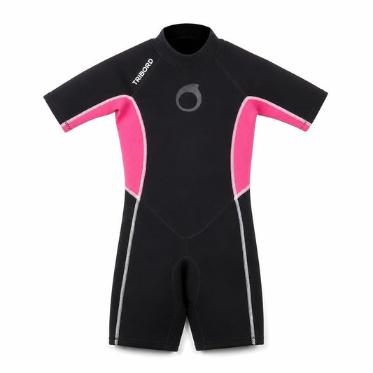 Front view of Tribord girls’ wetsuit 8 years black pink neoprene short sleeve
