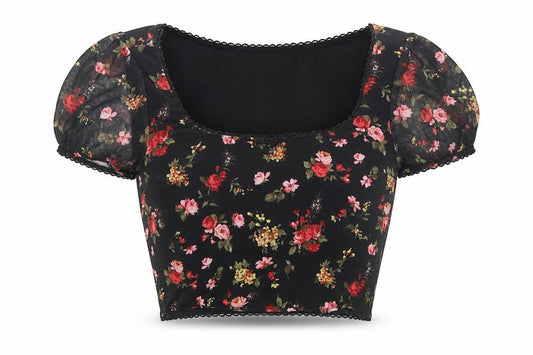 Front view of Urban Renewal Floral Puff Sleeve Top XS Black
