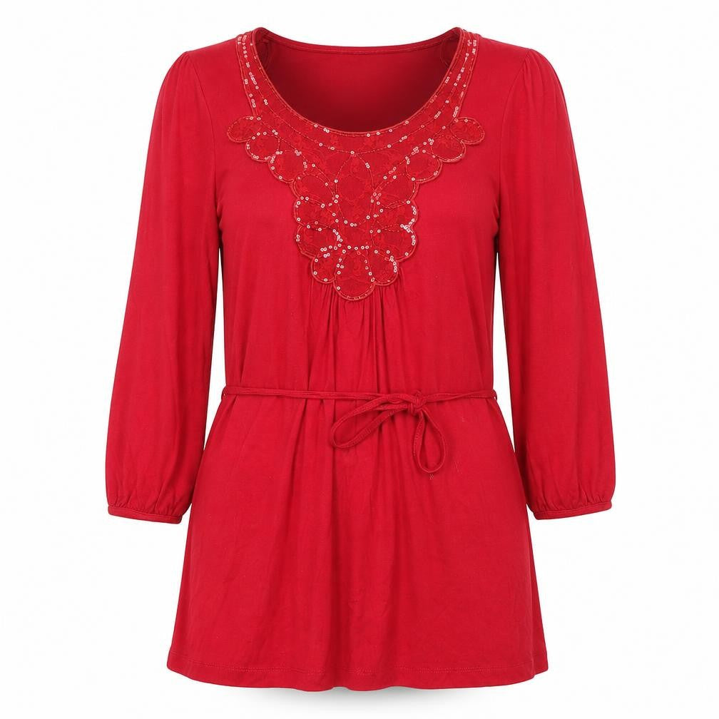 Soon Women's Red 3/4 Sleeve Sequin Tunic Blouse - Size 10