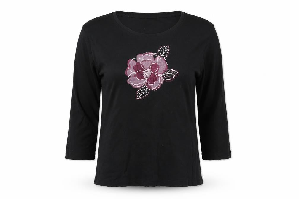 Xe Women's Black Embroidered T-Shirt, Size 16, Cotton