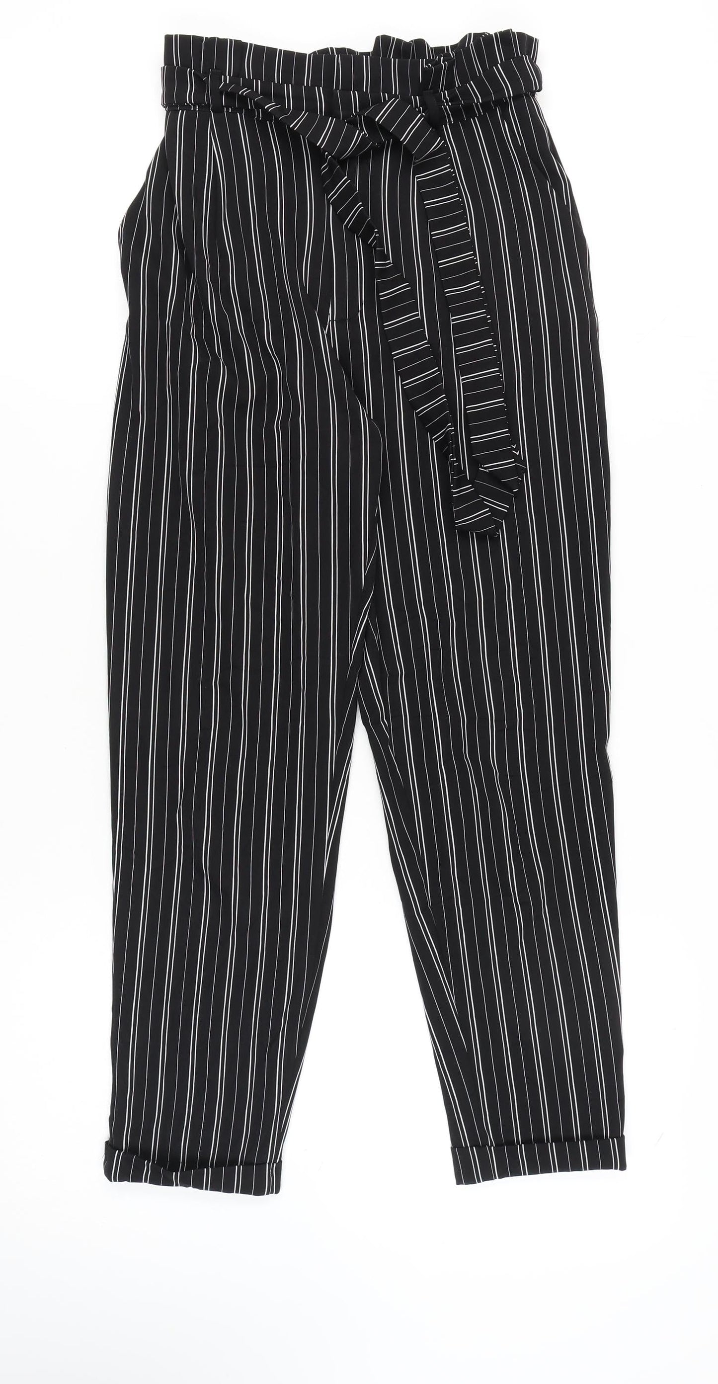 Pull & Bear Women's Black Striped Paperbag Trousers S