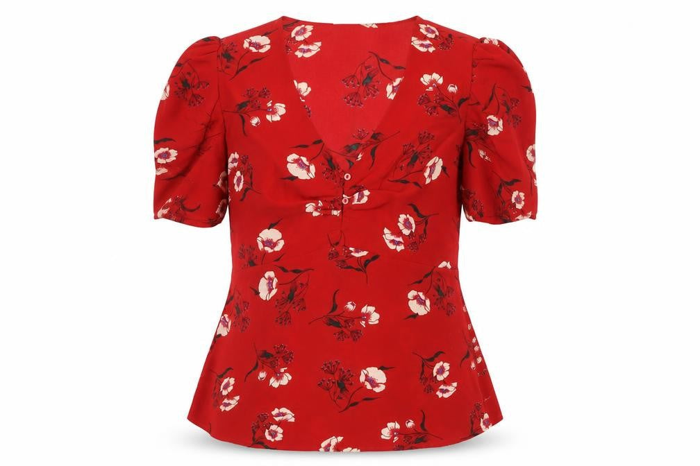 Mango Women's Red Floral Blouse V-Neck Puff Sleeve S