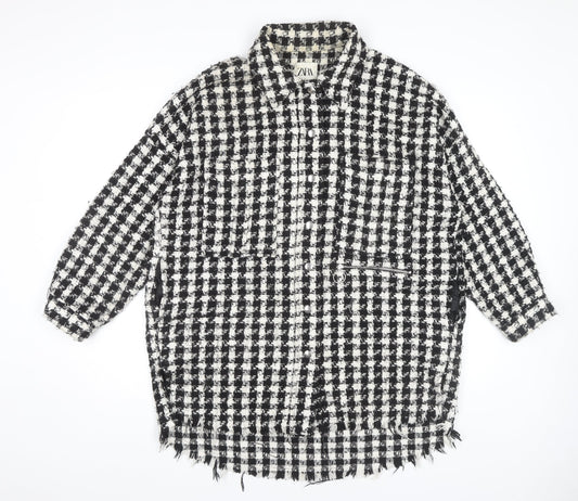 Zara Women's Black Check Tweed Coat M, Autumn-Winter Essential
