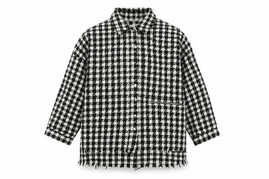 Zara Women's Black Check Tweed Coat M, Autumn-Winter Essential