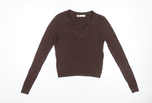 Zara Women’s Brown Long Sleeve V-Neck Knit Top