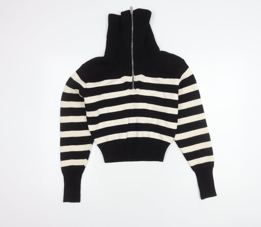 Zara Women's Black Full Zip Striped Jumper S, High Neck