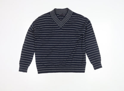 Marks & Spencer Men's Blue Striped V-Neck Jumper - S