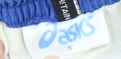 Brand and care label for Asics Men's Blue Track Pants, size S, Gym & Training