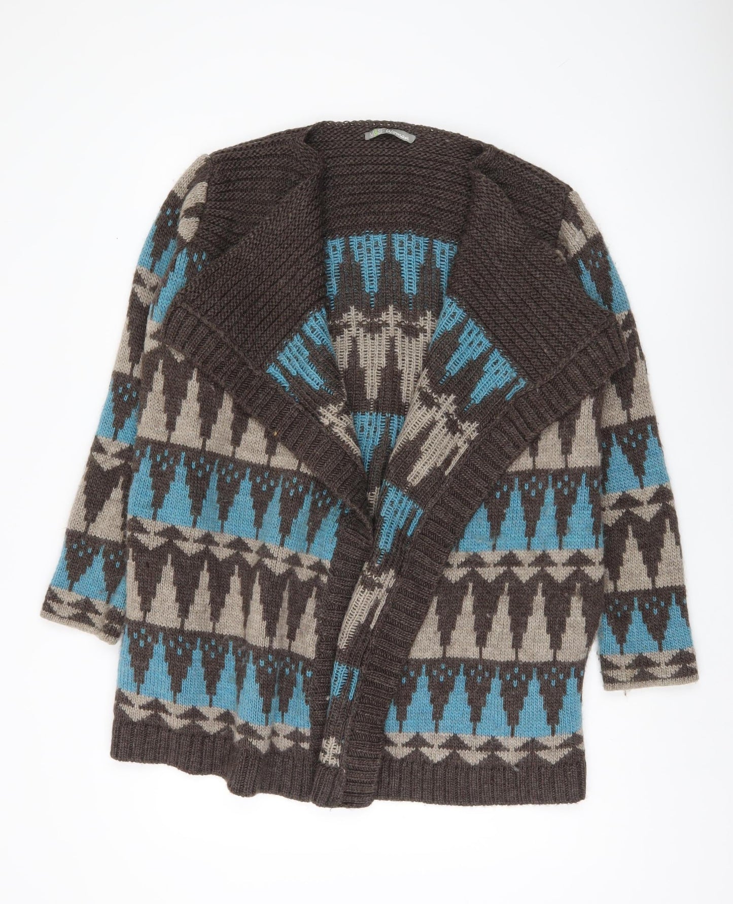 Marks and Spencer Women's Medium Open Front Cardigan, Brown/Blue Pattern