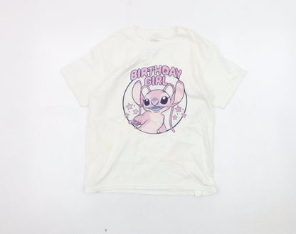 Front view of Disney girls’ white lilo & stitch birthday t-shirt m