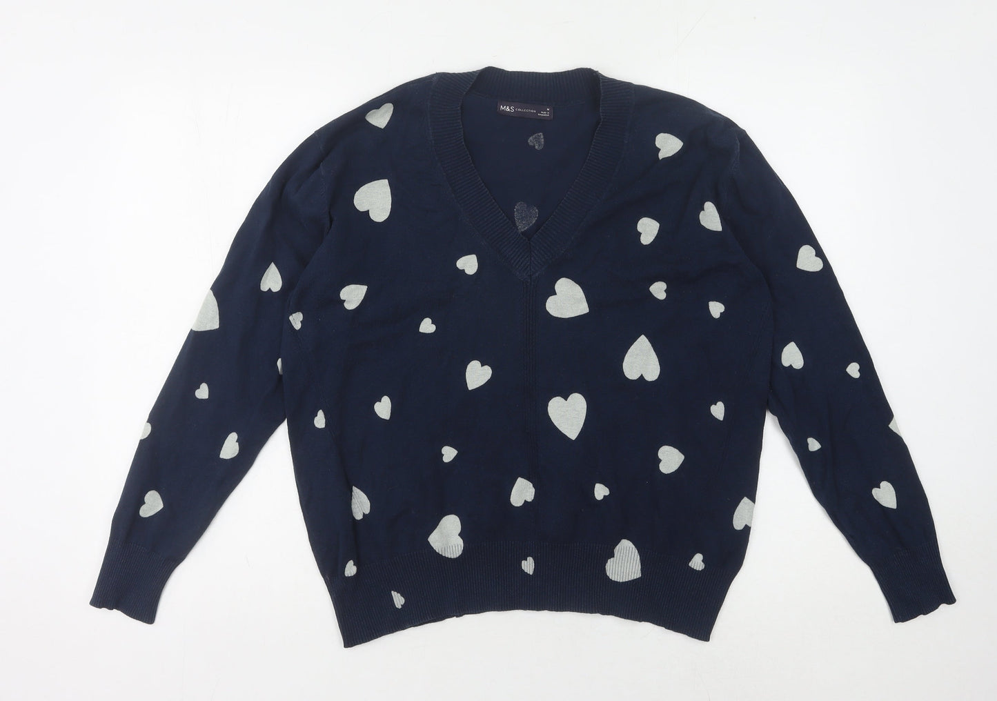 Marks and Spencer Women's M Blue V-Neck Heart Jumper