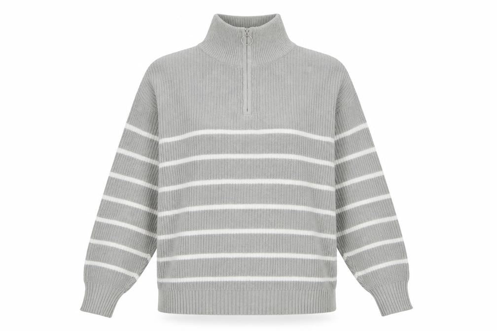 Sosandar Women's Grey Striped Mock Neck Jumper