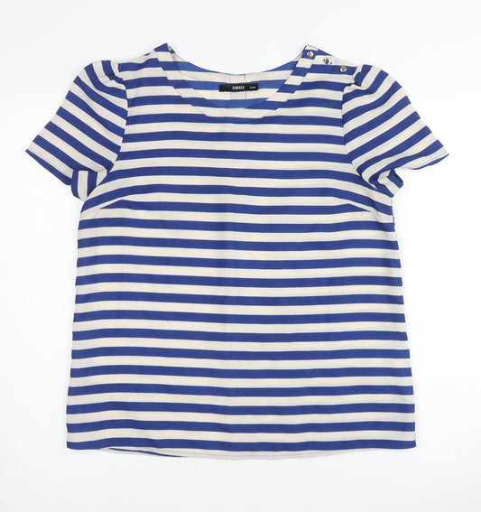 Oasis Womens Blue Striped Crew Neck T-Shirt Size 12