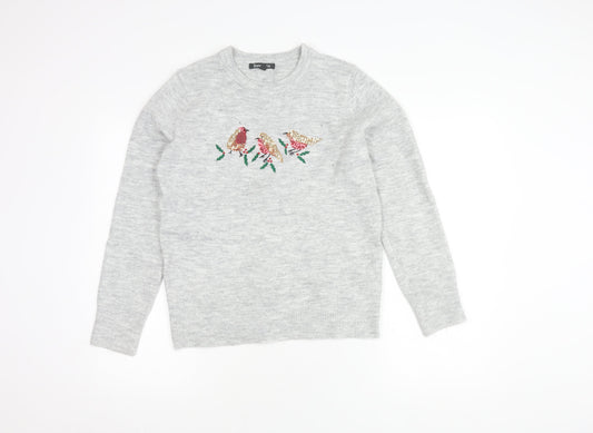 Bonmarché Women's Grey Embroidered Bird Pullover, Size 10